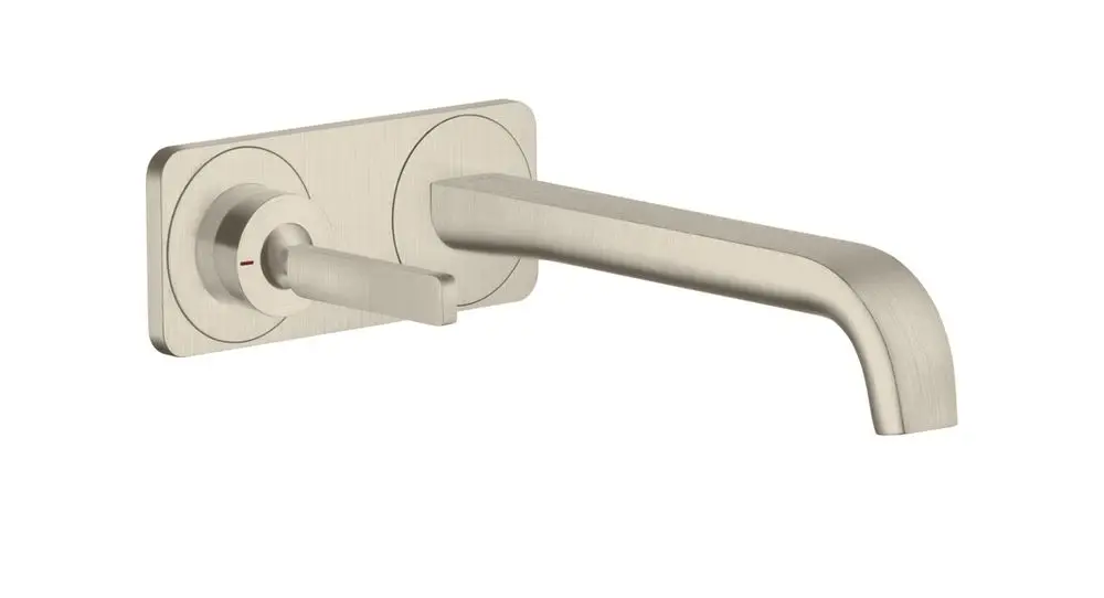 Einhebel-Waschtischmischer von AXOR mit wandmontierter Platte und Hebelgriff, Auslauf mit gebürsteter Nickel-Oberfläche. Schlichte, moderne Gestaltung.